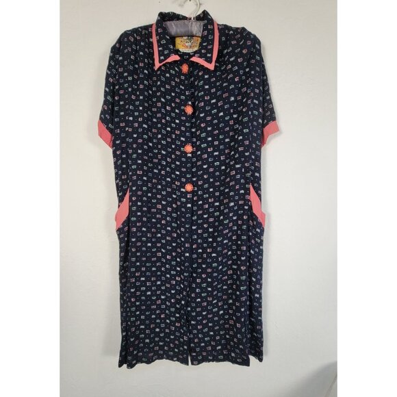 Vintage Martha Egan Button-Front Shirt Dress Medium Navy Printed Short Sleeve - Picture 1 of 8